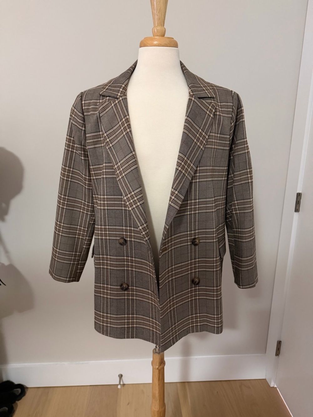 Brown Plaid Double-Breasted Blazer